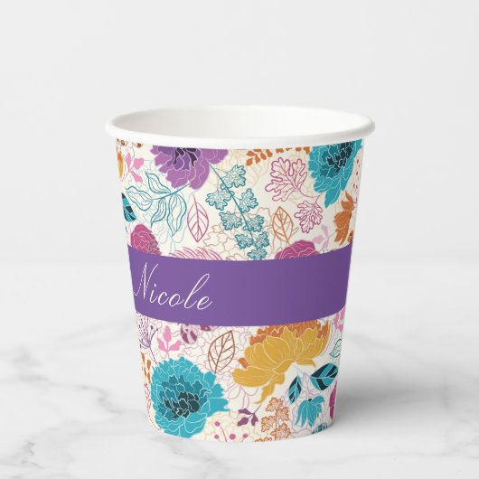 ティール（緑がかった色）パープルイエロー春メドウフラワー結婚ズ 紙コップ (裏面)