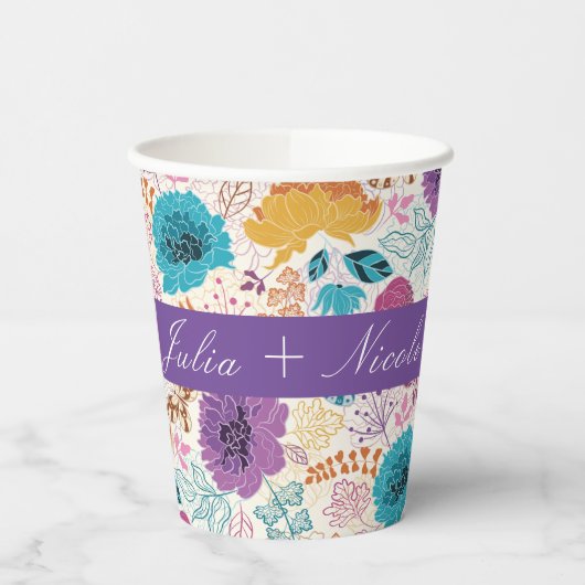 ティール（緑がかった色）パープルイエロー春メドウフラワー結婚ズ 紙コップ (左)
