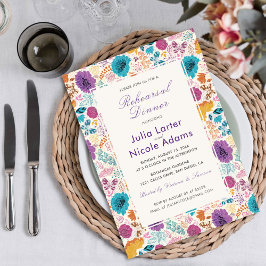 ティール（緑がかった色）パープルイエロー春メドーリハーサルディナー 招待状