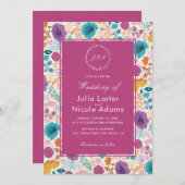 ティール（緑がかった色）パープルイエロー春牧草花結婚のI 招待状 (正面/裏面)