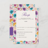 ティール(緑がかった色)パープルイエロー春牧草花 出欠カード (正面/裏面)