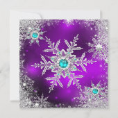 ティール(緑がかった色)パープルウィンターワンダーランドスウィート16スノーフレーク 招待状 (裏面)