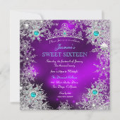ティール(緑がかった色)パープルウィンターワンダーランドスウィート16スノーフレーク 招待状 (正面)