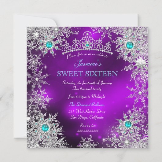 ティール（緑がかった色）パープルウィンターワンダーランドスウィート16スノーフレーク 招待状 (正面)