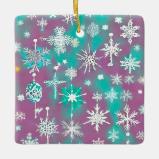 ティール（緑がかった色）パープルウォーターカラー雪の結晶 セラミックオーナメント