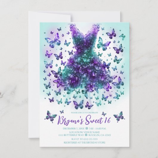 ティール(緑がかった色)&パープルクリスタルバタフライドレス 招待状 (正面)