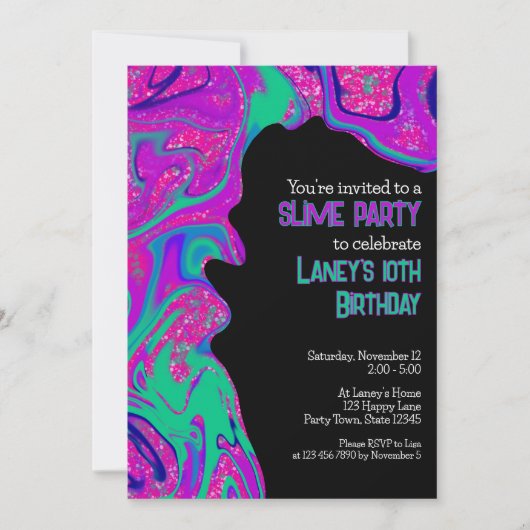 ティール（緑がかった色）パープルクールグリッターガール誕生日スライムパーティー 招待状 (正面)