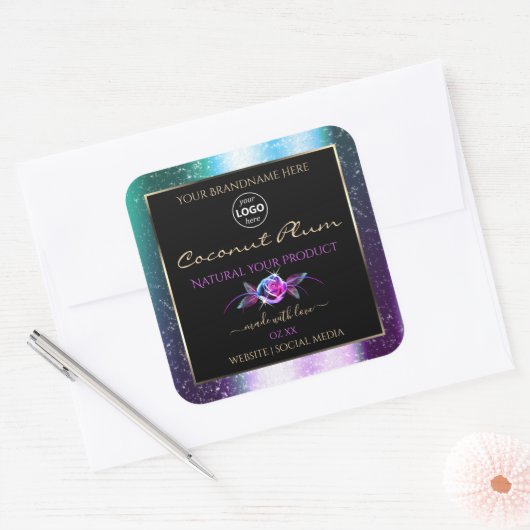 ティール（緑がかった色）パープルグリッターブラック製品ラベル（ロゴ付き） スクエアシール (封筒)