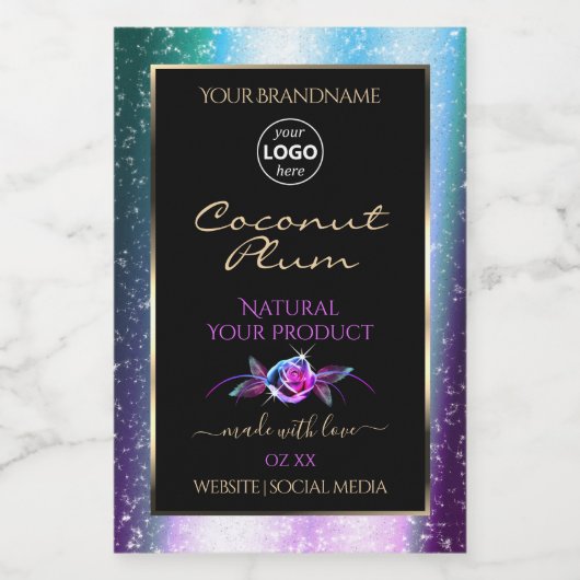 ティール（緑がかった色）パープルグリッターブラック製品ラベル（ロゴ付き） フードラベル (シングルラベル)