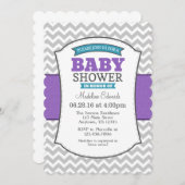 ティール（緑がかった色）パープルグレーシェブロンベビーシャワー招待状 招待状 (正面/裏面)