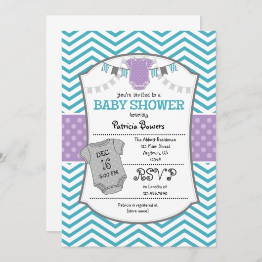 ティール(緑がかった色)パープルグレーシェブロンベビーシャワー招待状 招待状 (正面/裏面)
