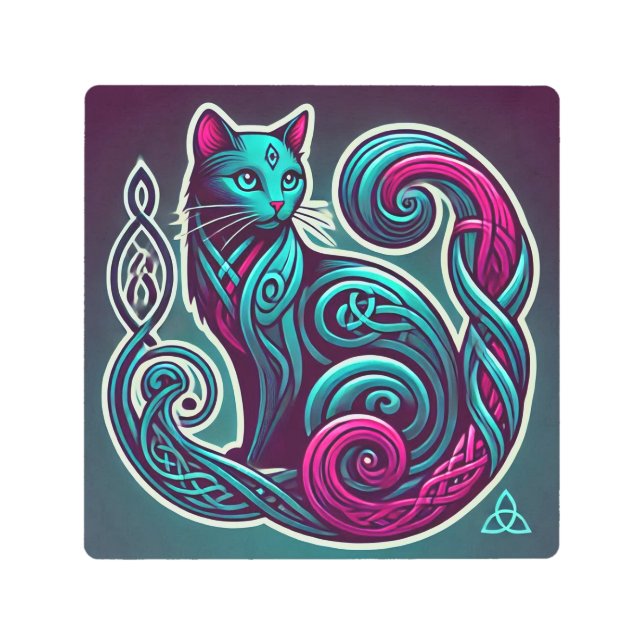 ティール（緑がかった色）&パープルケルト子猫カート メタルプリント (正面)