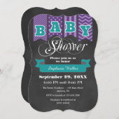 ティール（緑がかった色）パープルシャルボードフラッグ赤ちゃんシャワー招待状 招待状 (正面/裏面)