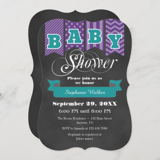 ティール（緑がかった色）パープルシャルボードフラッグ赤ちゃんシャワー招待状 招待状 (正面/裏面)