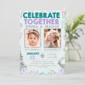 ティール(緑がかった色)パープルジョイントまたはツインズウィンターをテーマにした誕生日 招待状 (スタンド正面)