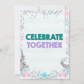 ティール(緑がかった色)パープルジョイントまたはツインズウィンターをテーマにした誕生日 招待状 (裏面)