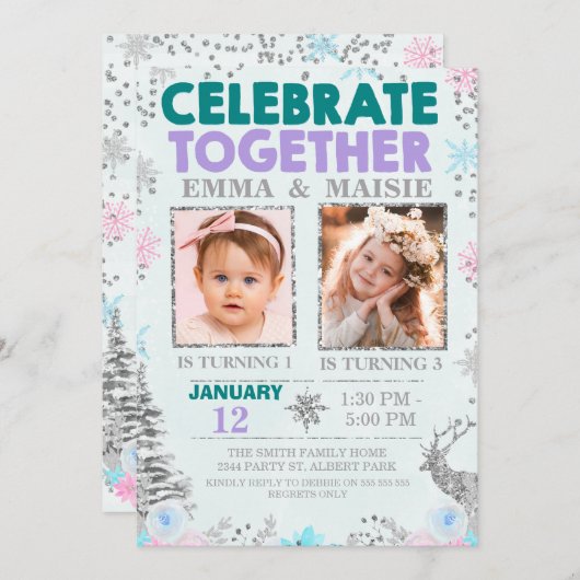 ティール(緑がかった色)パープルジョイントまたはツインズウィンターをテーマにした誕生日 招待状 (正面/裏面)