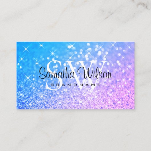 ティール（緑がかった色）パープルスタイリッシュグリッタースパークルスターズイニシャル 名刺 (正面)