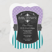 ティール(緑がかった色)パープルチャルクボードストライプベビーシャワー招待状 招待状 (正面/裏面)