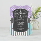ティール(緑がかった色)パープルチャルクボードストライプベビーシャワー招待状 招待状 (スタンド正面)