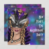 ティール（緑がかった色）パープルニューイヤーエブマスカレードパーティー 招待状 (正面/裏面)