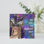 ティール（緑がかった色）パープルニューイヤーエブマスカレードパーティー 招待状 (スタンド正面)