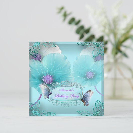ティール（緑がかった色）パープルバタフライバースデーパーティー女性の女の子2 招待状 (スタンド正面)