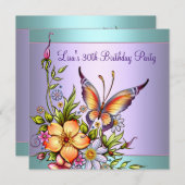 ティール(緑がかった色)パープルバタフライ女性30th誕生日 招待状 (正面/裏面)