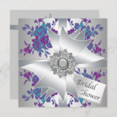 ティール(緑がかった色)パープルバラブライダルシャワー招待 招待状 (正面/裏面)