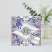 ティール（緑がかった色）パープルバラ結婚ズ 招待状 (スタンド正面)