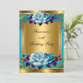 ティール(緑がかった色)パープルバラ金ゴールドエレガントバースデーパーティー 招待状 (スタンド正面)