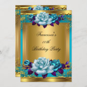 ティール(緑がかった色)パープルバラ金ゴールドエレガントバースデーパーティー 招待状 (正面/裏面)