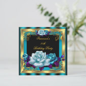 ティール（緑がかった色）パープルバラ金ゴールドエレガント女性誕生日4 招待状 (スタンド正面)