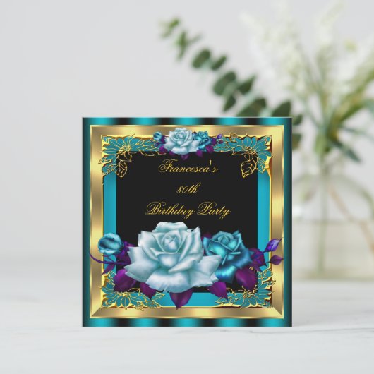 ティール（緑がかった色）パープルバラ金ゴールドエレガント女性誕生日4 招待状 (スタンド正面)