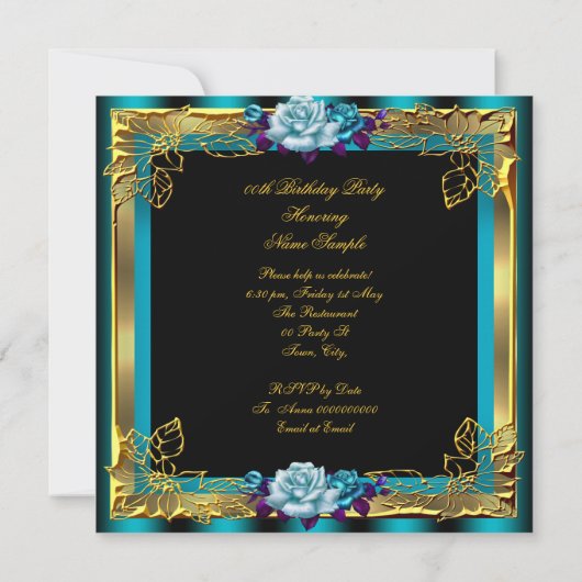 ティール（緑がかった色）パープルバラ金ゴールドエレガント女性誕生日4 招待状 (裏面)