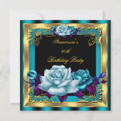 ティール（緑がかった色）パープルバラ金ゴールドエレガント女性誕生日4 招待状 (正面)
