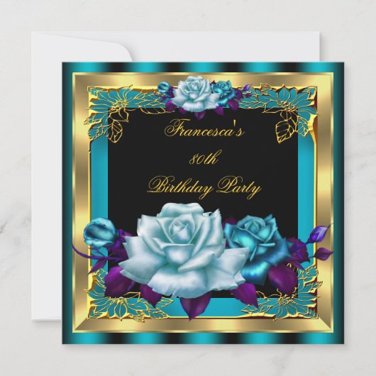 ティール(緑がかった色)パープルバラ金ゴールドエレガント女性誕生日4 招待状 (正面)