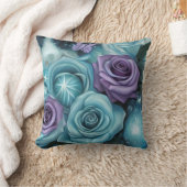 ティール（緑がかった色）&パープルバラ クッション (ブランケット)