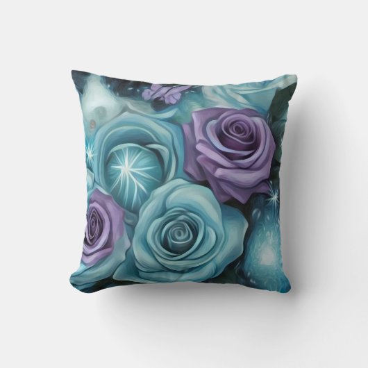 ティール（緑がかった色）&パープルバラ クッション (正面)