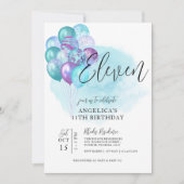 ティール(緑がかった色)パープルバルーン11誕生日招待状 招待状 (正面)