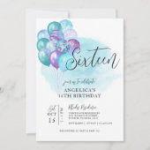 ティール(緑がかった色)パープルバルーン16番目の誕生日招待状 招待状 (正面)