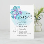 ティール(緑がかった色)パープルバルーン16番目の誕生日招待状 招待状 (スタンド正面)