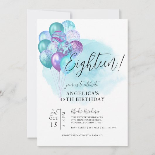 ティール（緑がかった色）パープルバルーン18誕生日招待状 招待状 (正面)