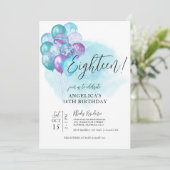 ティール（緑がかった色）パープルバルーン18誕生日招待状 招待状 (スタンド正面)