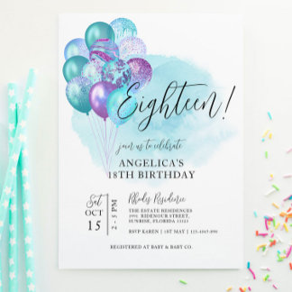 ティール(緑がかった色)パープルバルーン18誕生日招待状 招待状