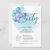 ティール（緑がかった色）パープルバルーン60番目の誕生日招待状 招待状 (正面)