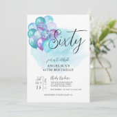 ティール（緑がかった色）パープルバルーン60番目の誕生日招待状 招待状 (スタンド正面)