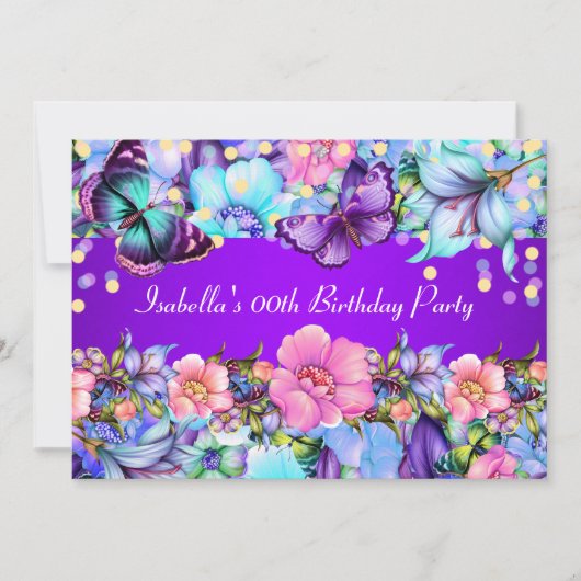 ティール（緑がかった色）パープルピンクバタフライバースデーパーティー招待状 招待状 (正面)