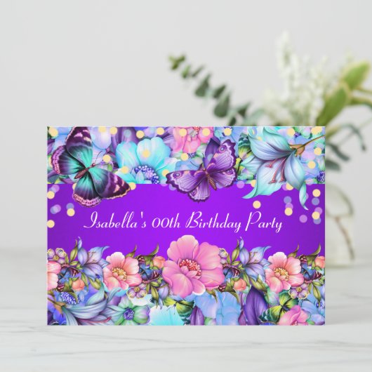 ティール（緑がかった色）パープルピンクバタフライバースデーパーティー招待状 招待状 (スタンド正面)