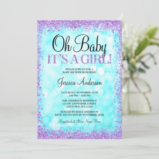 ティール（緑がかった色）パープルフェイクグリッターライツガールベビーシャワー 招待状 (スタンド正面)